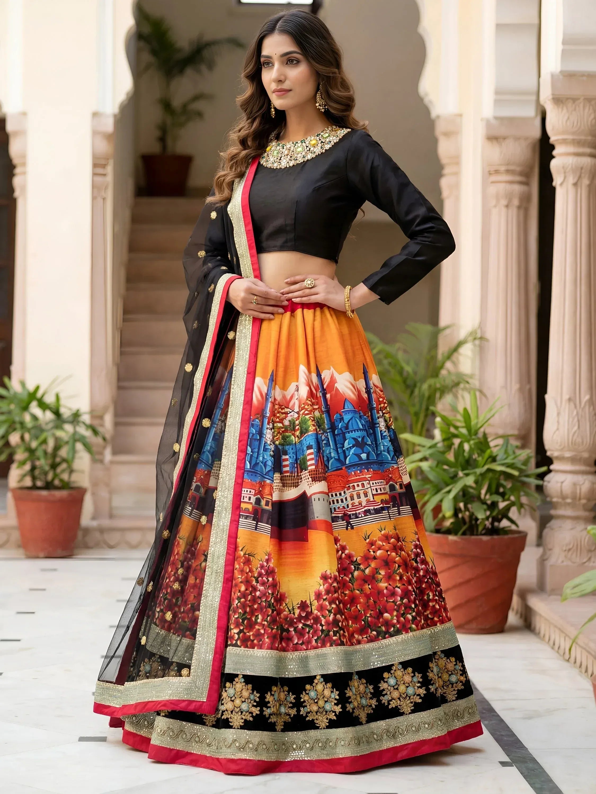 Attractive MulticColor Floral Printed Silk Sangeet Wear Lehenga With Blouse