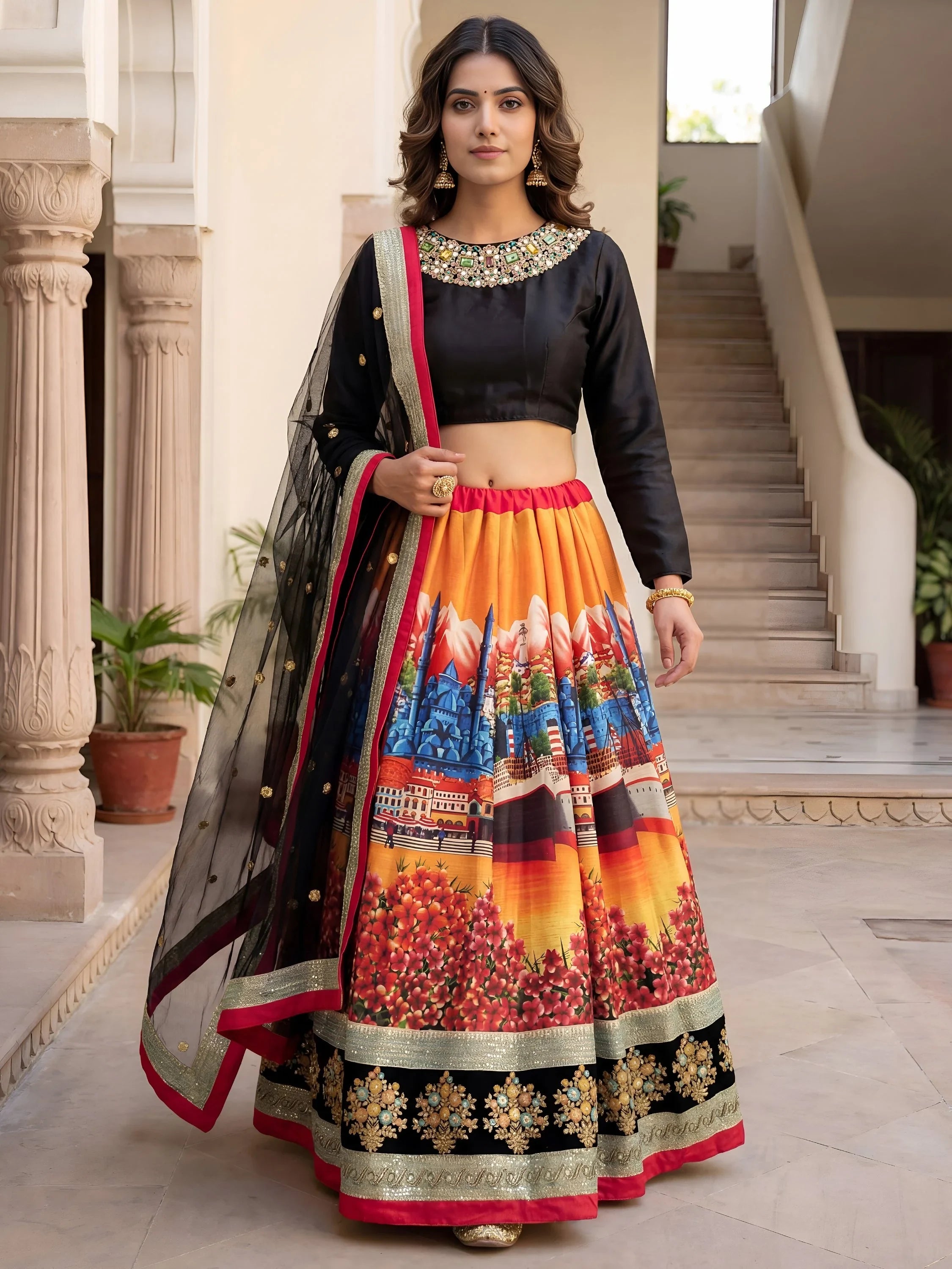 Attractive MulticColor Floral Printed Silk Sangeet Wear Lehenga With Blouse