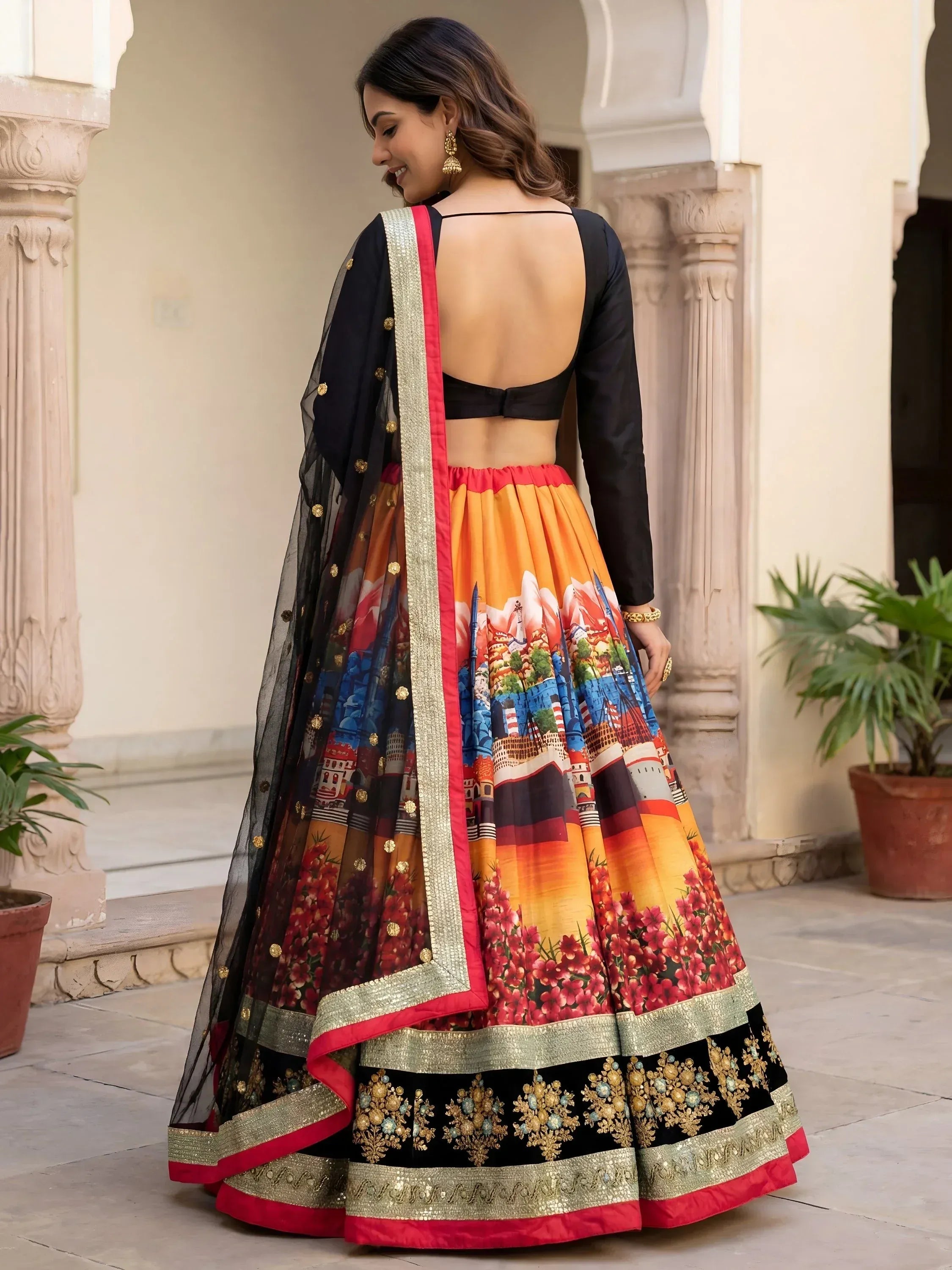 Attractive MulticColor Floral Printed Silk Sangeet Wear Lehenga With Blouse