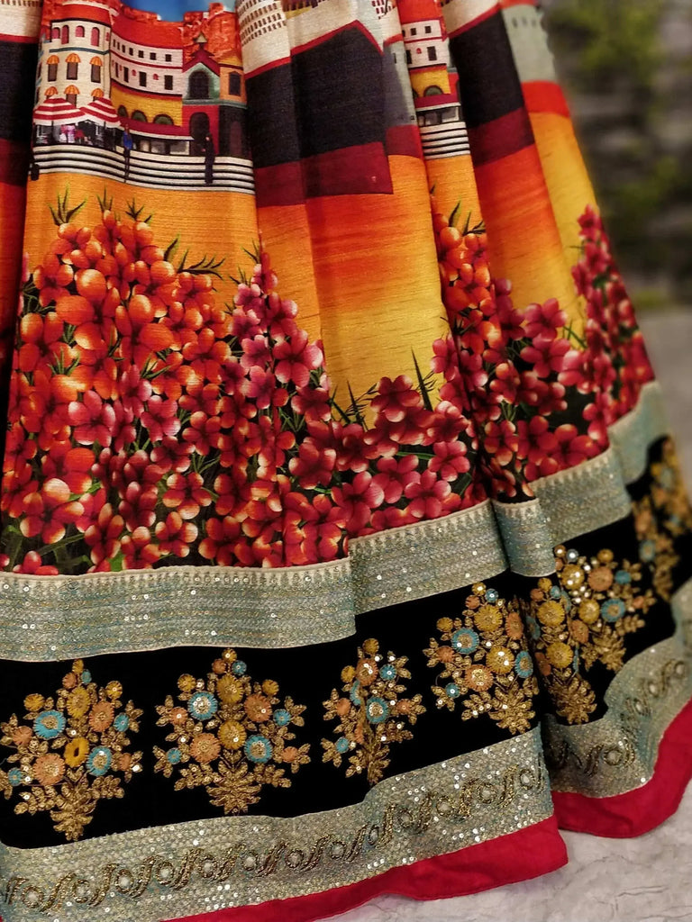 Sabyasachi Multi-Color Digital Printed Silk Wedding Lehenga Choli