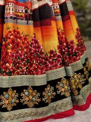 Sabyasachi Multi-Color Digital Printed Silk Wedding Lehenga Choli