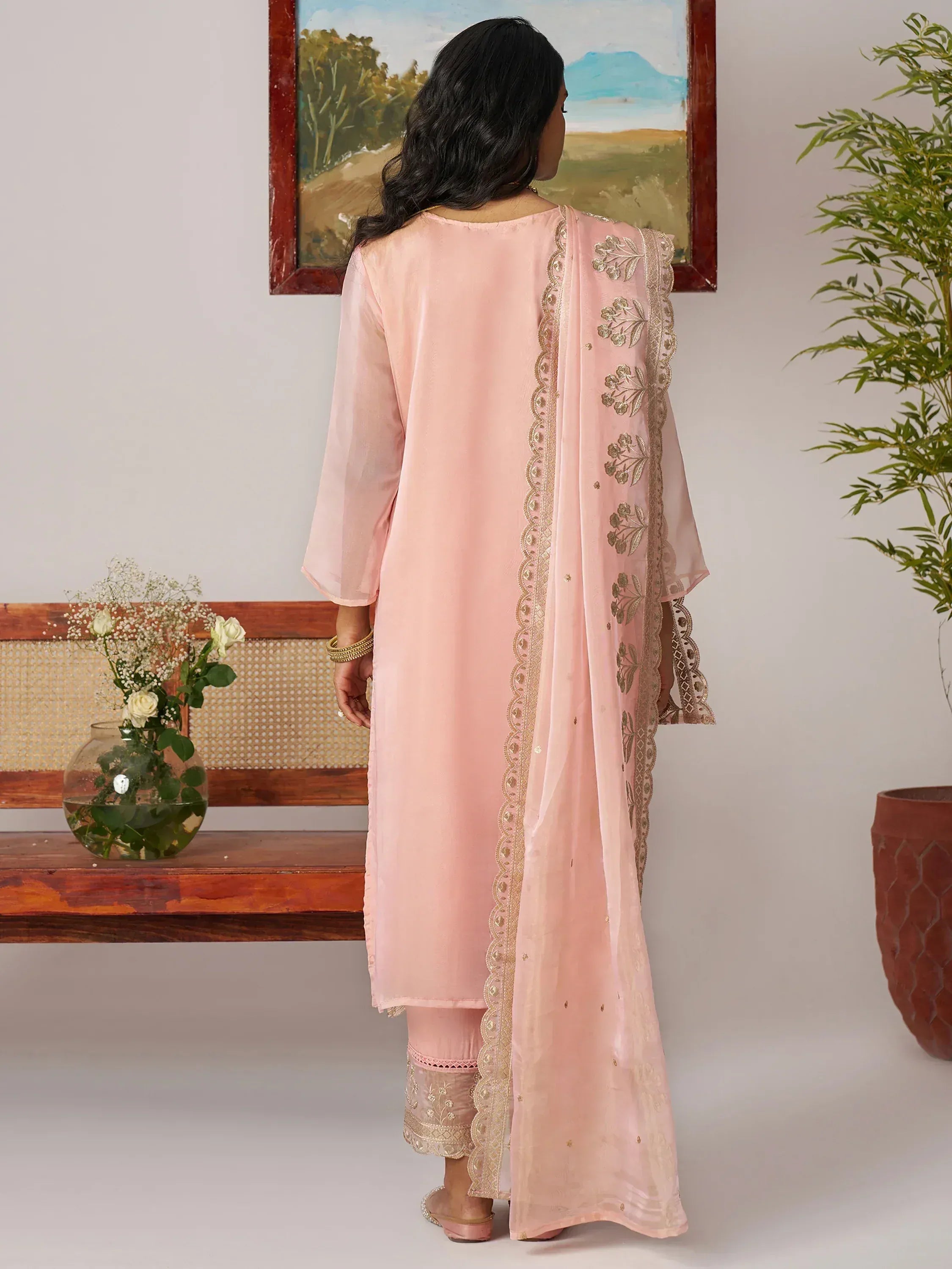 Pink embroidered salwar kameez with gold detailing, back view, ethnic wear for women