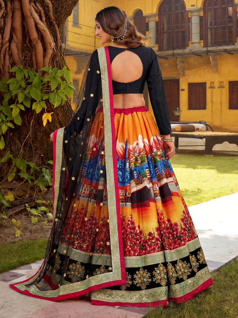Glowing Multicolor Embroidered Silk Festive Wear Lehenga Choli 