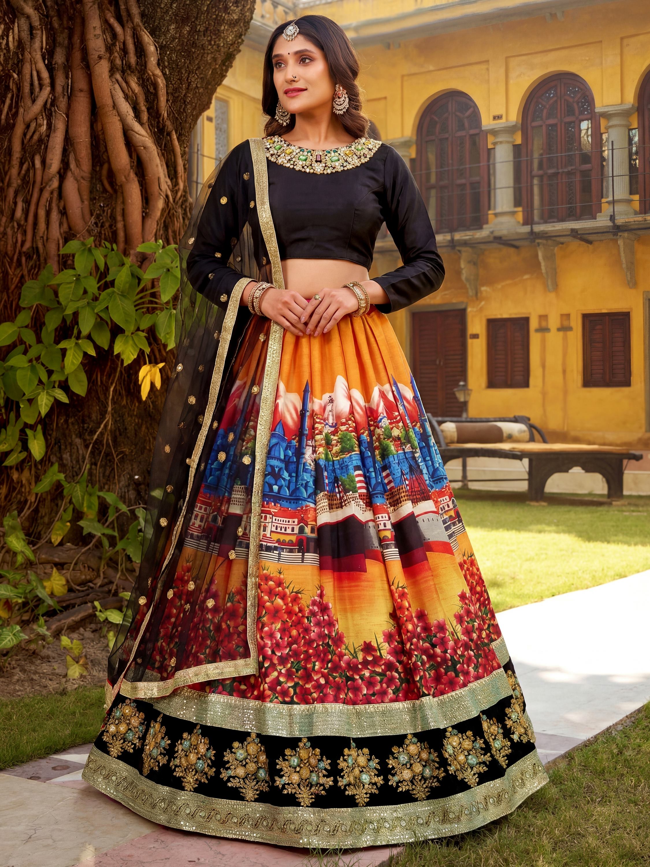 Glowing Multicolor Embroidered Silk Festive Wear Lehenga Choli 