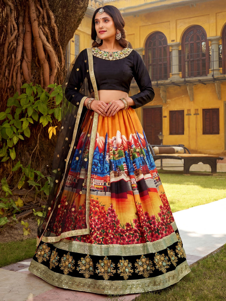 Glowing Multicolor Embroidered Silk Festive Wear Lehenga Choli 