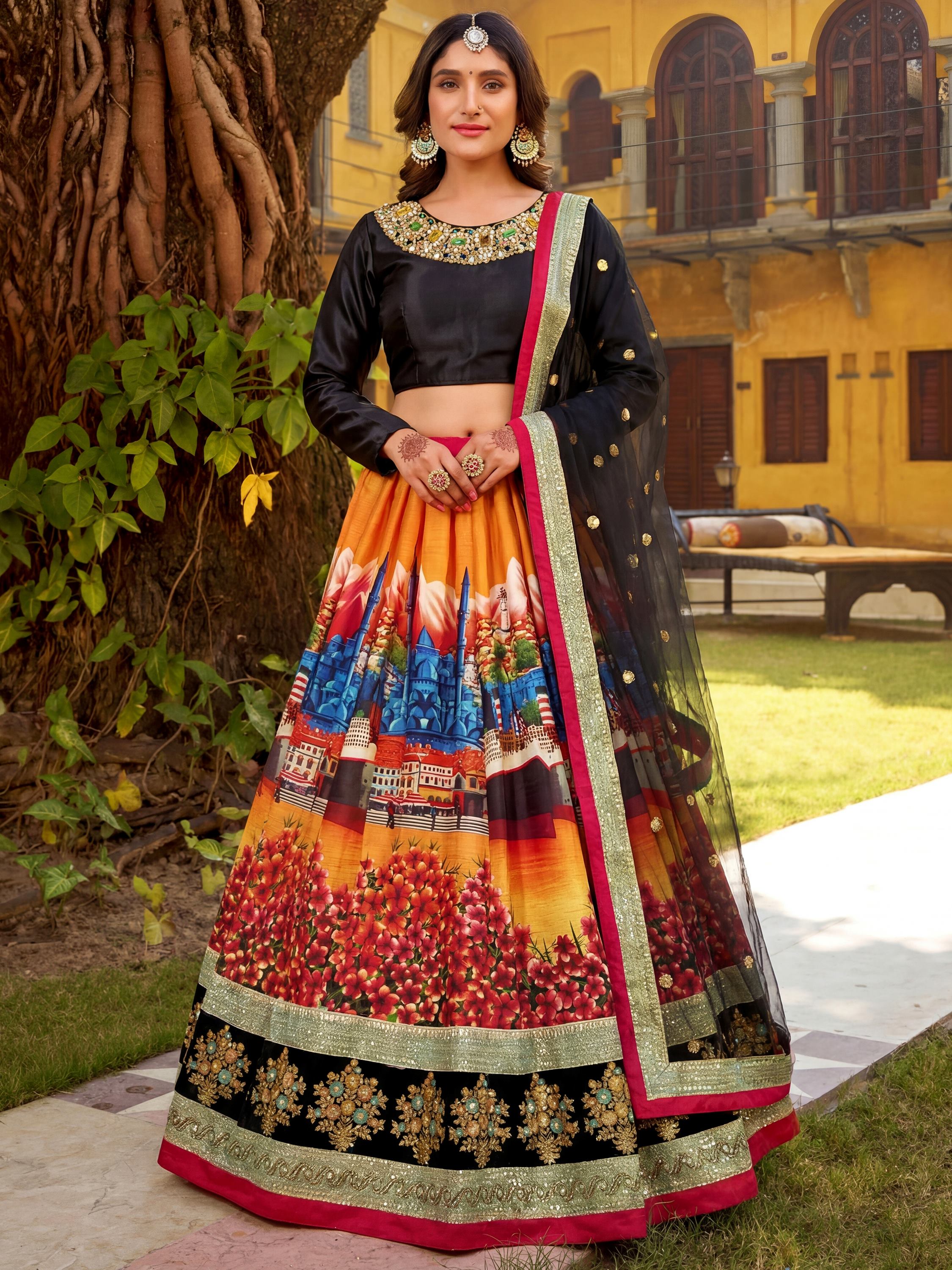 Glowing Multicolor Embroidered Silk Festive Wear Lehenga Choli 