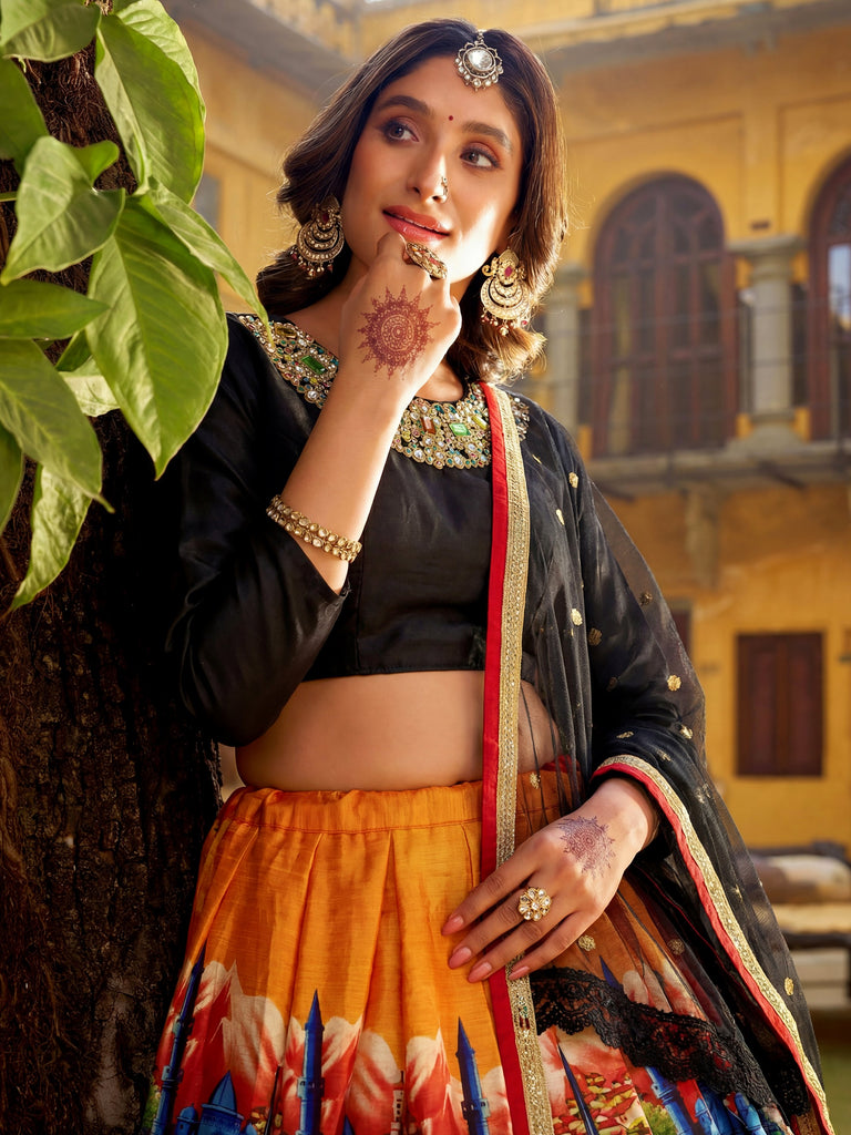 Glowing Multicolor Embroidered Silk Festive Wear Lehenga Choli 