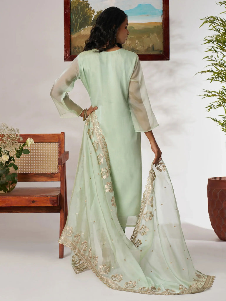 Alluring Pista Green Embroidered Organza Festival Wear Pant Suit