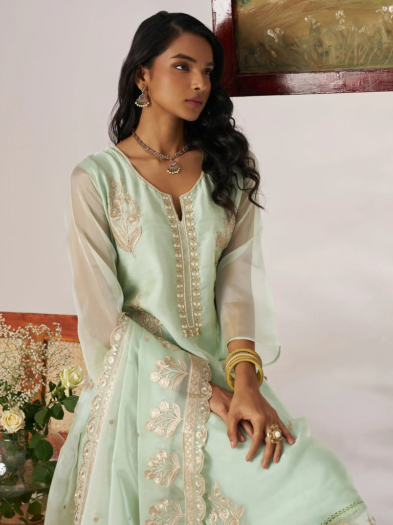 Alluring Pista Green Embroidered Organza Festival Wear Pant Suit