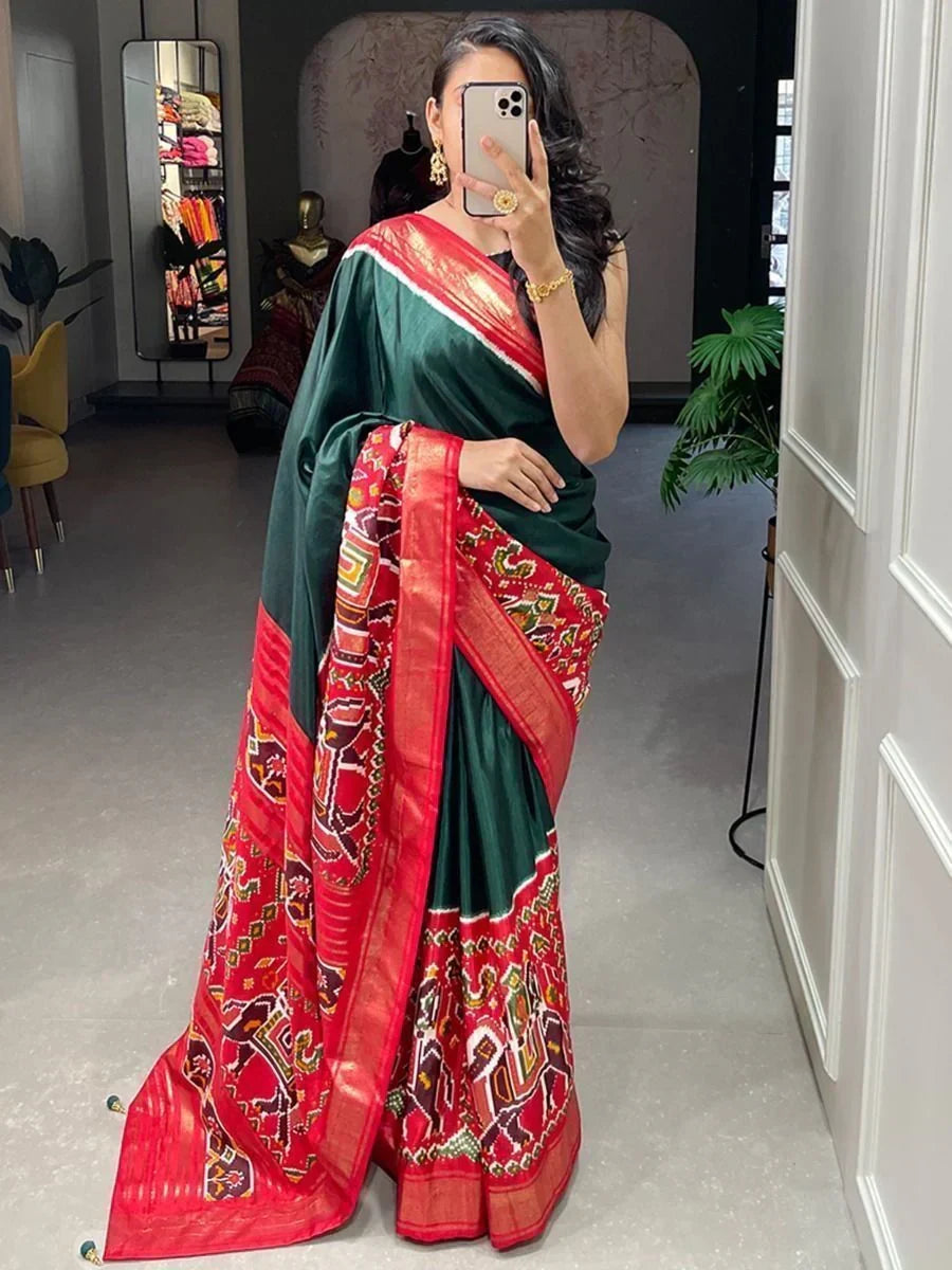 Captivating Green Patola Printed Silk Casual Saree With Blouse
