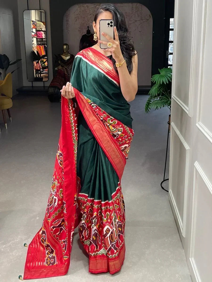 Captivating Green Patola Printed Silk Casual Saree With Blouse