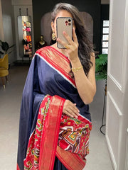 Exquisite Navy Blue Patola Printed Dola Silk Saree With Blouse