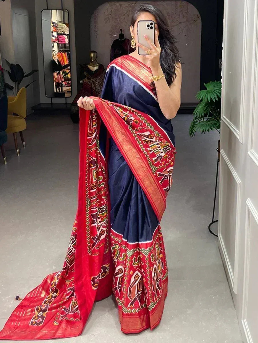 Navy blue saree with red printed border, ethnic wear for women
