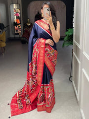Exquisite Navy Blue Patola Printed Dola Silk Saree With Blouse