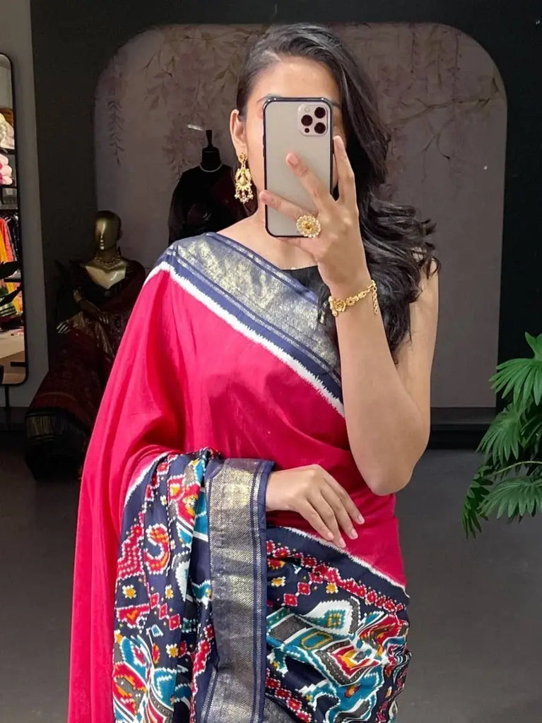 Fabulous Pink Patola Printed Dola Silk Casual Saree With Blouse