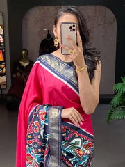 Fabulous Pink Patola Printed Dola Silk Casual Saree With Blouse