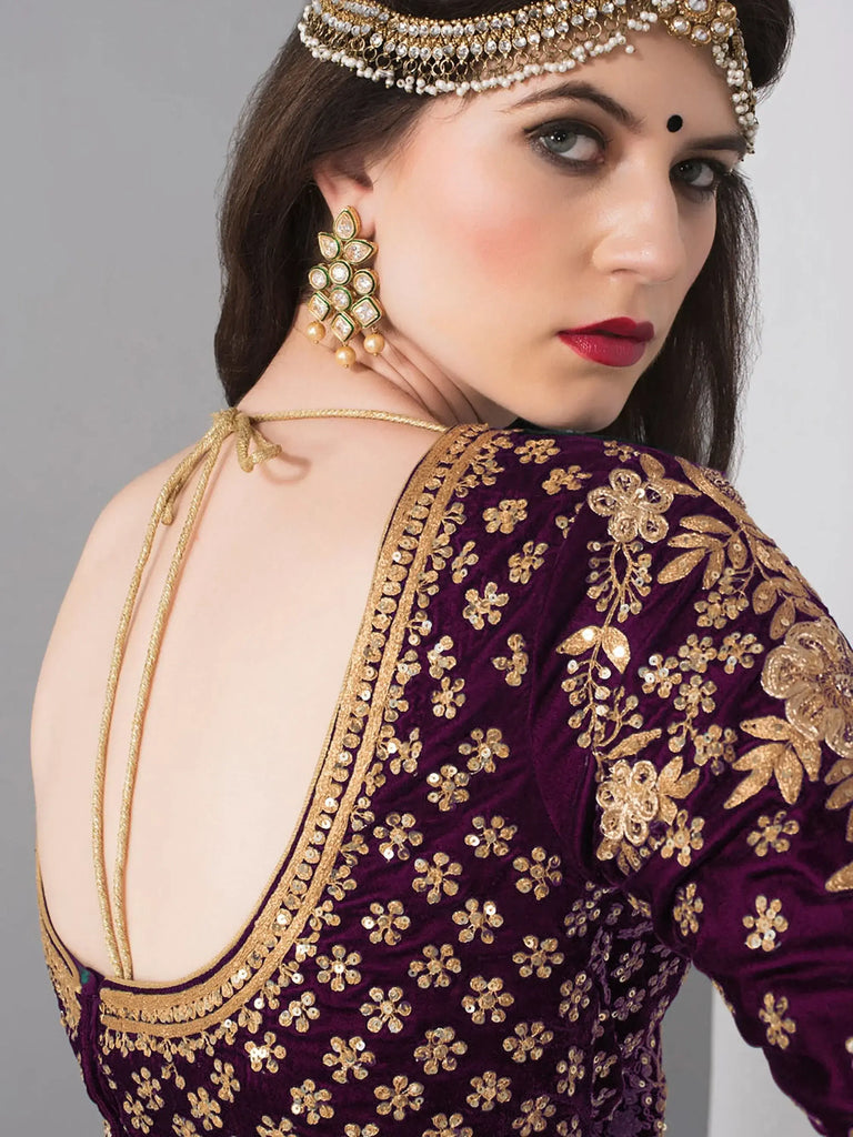Purple Embroidered Velvet Wedding Lehenga Choli With Dupatta