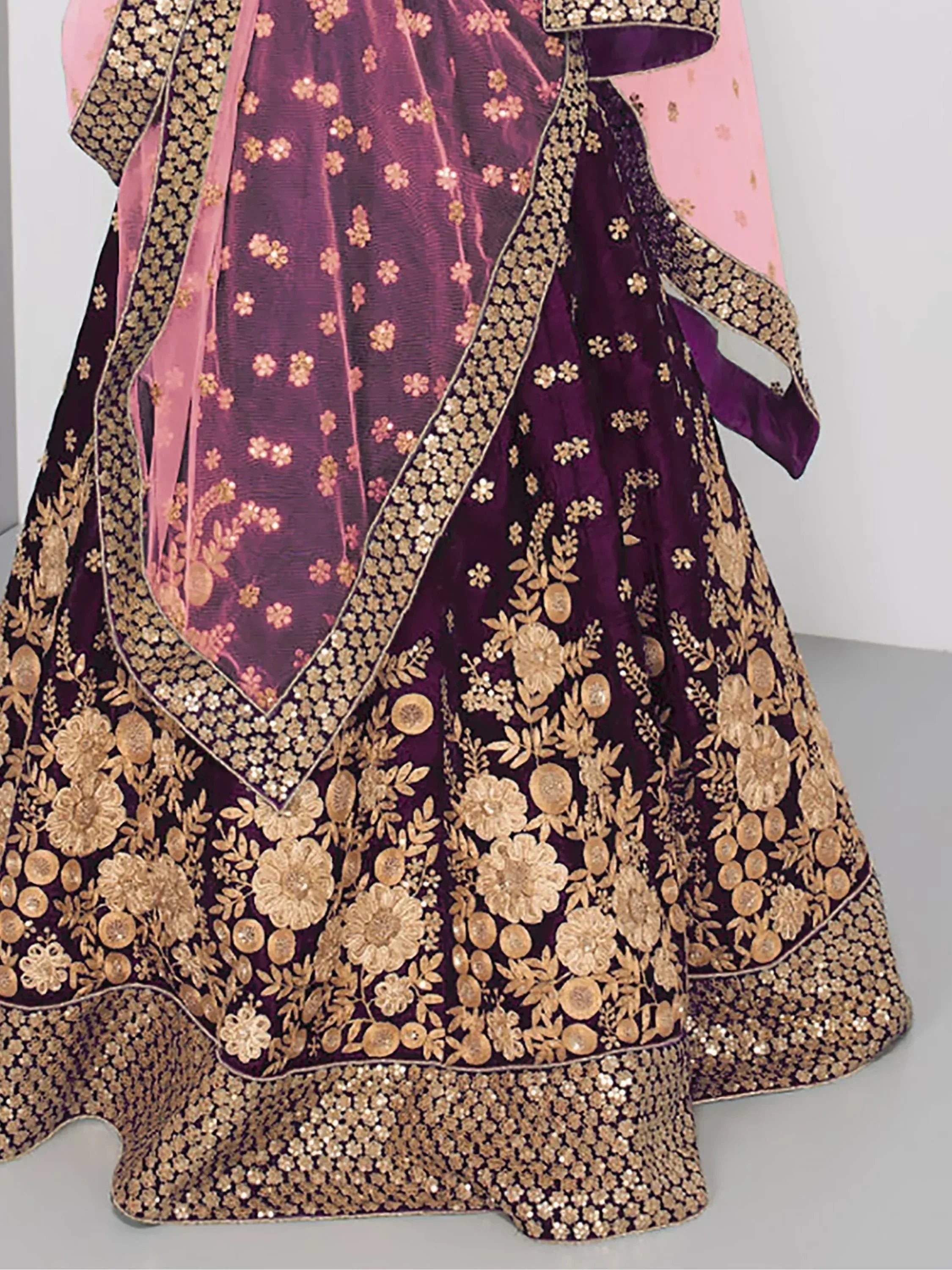 Purple and gold embroidered lehenga choli with floral sequin detailing and pink dupatta