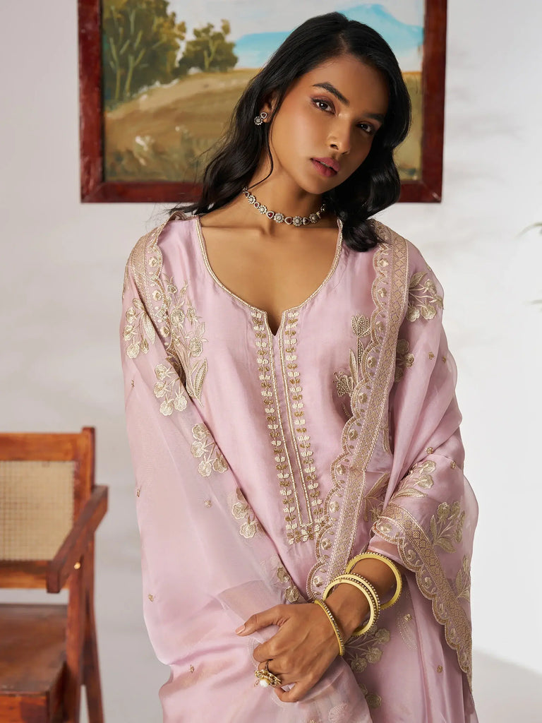 Fascinating Pink Embroidered Organza Pant Suit With Dupatta