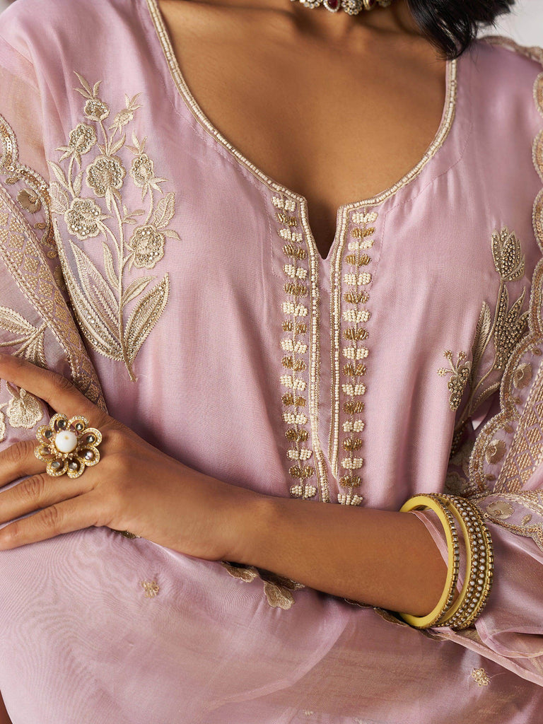 Fascinating Pink Embroidered Organza Pant Suit With Dupatta