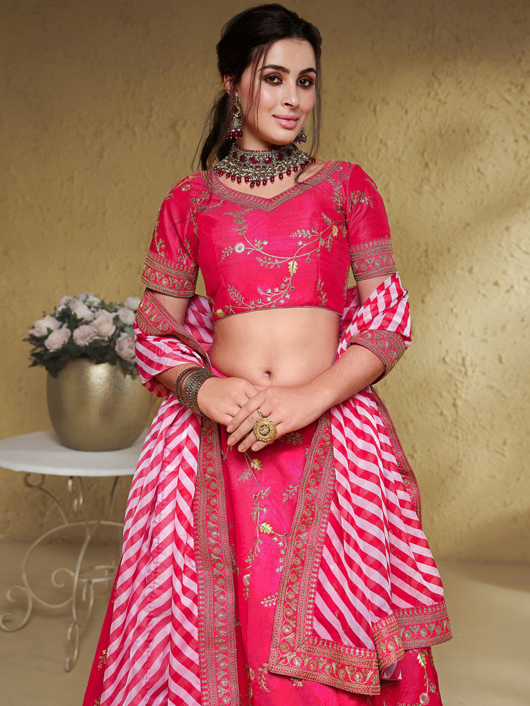Glowing Pink Embroidered Silk Engagement Wear Plus Size Lehenga Choli
