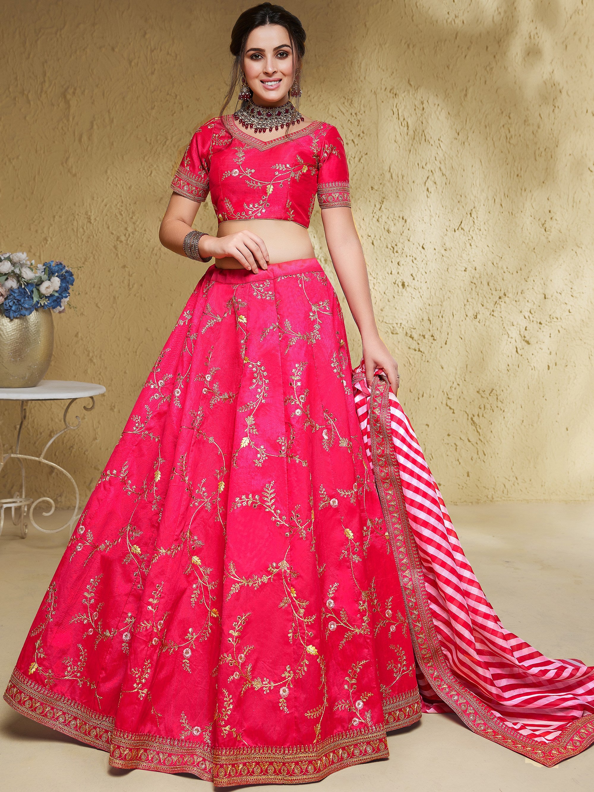 Glowing Pink Embroidered Silk Engagement Wear Plus Size Lehenga Choli