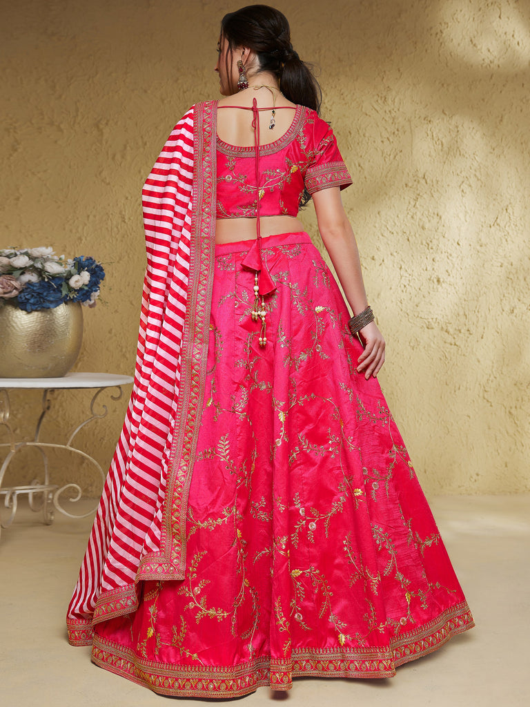 Glowing Pink Embroidered Silk Engagement Wear Plus Size Lehenga Choli