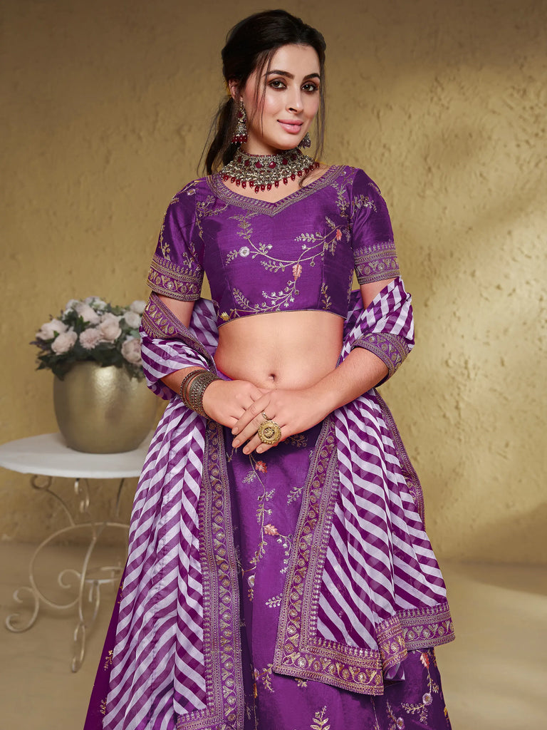 Enchanting Purple Embroidered Silk Wedding Lehenga Choli With Dupatta