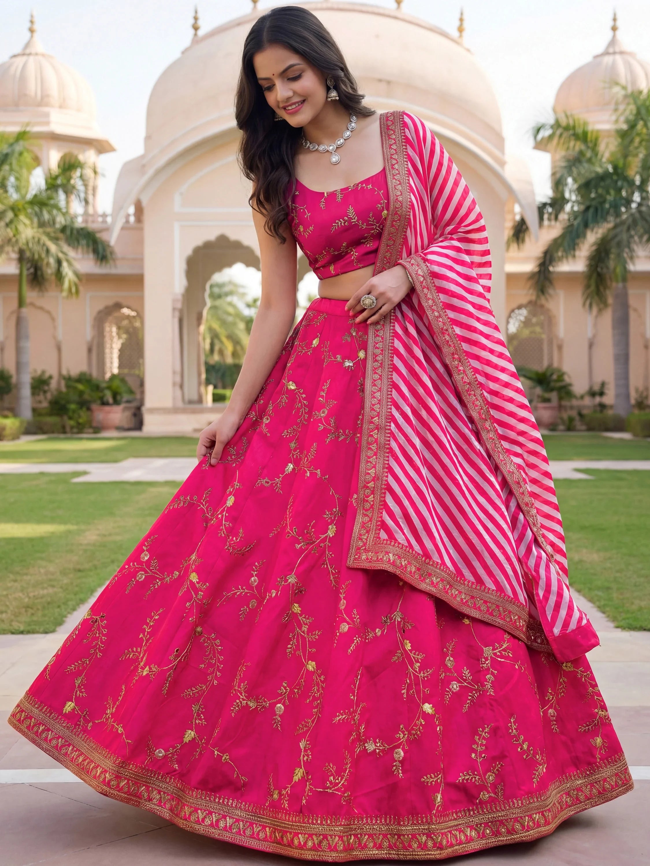 Fantastic Pink Embroidered Silk Funstion Wear Lehenga Choli