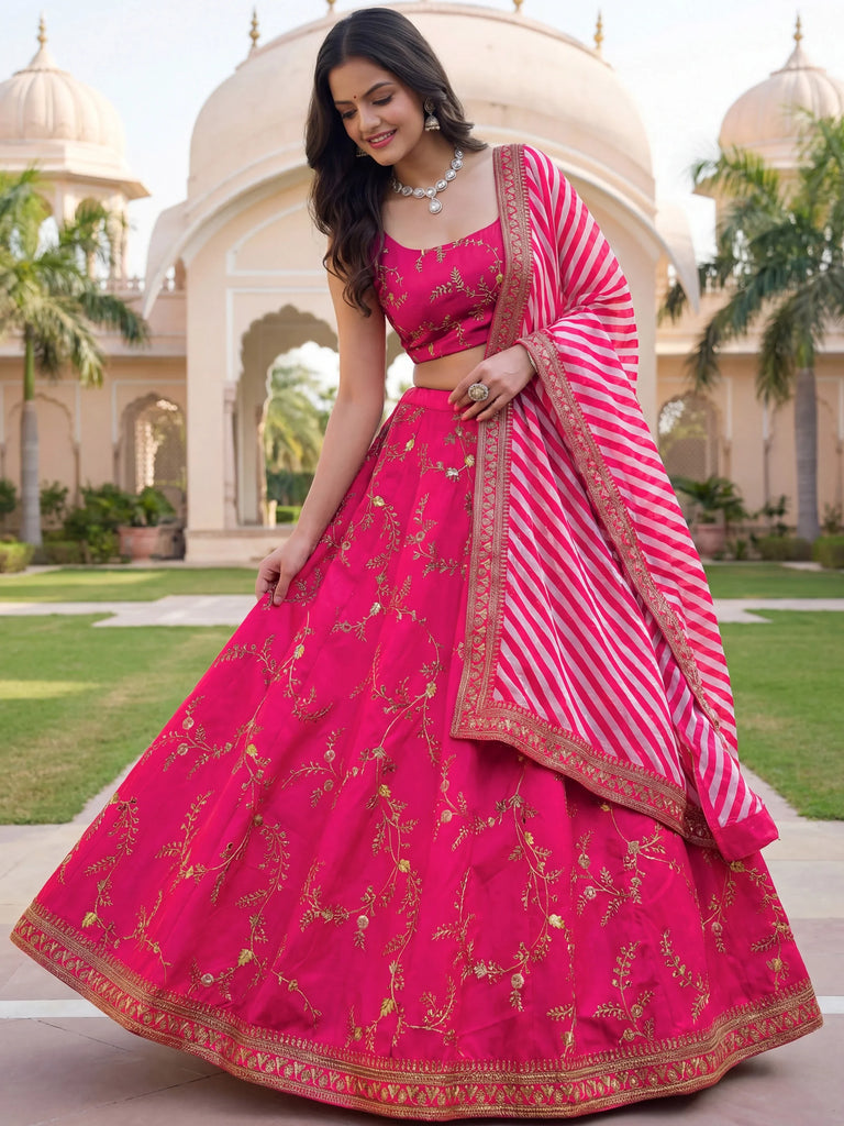 Fantastic Pink Embroidered Silk Funstion Wear Lehenga Choli