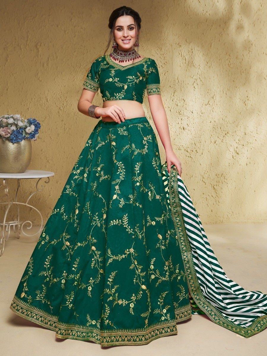 Emerald green lehenga choli with gold floral embroidery and striped dupatta, perfect for Indian ethnic wear occasions