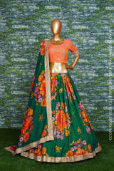 Sabyasachi Green-Orange Floral Digital Printed Organza Bridal Lehenga Choli