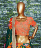 Sabyasachi Green-Orange Floral Digital Printed Organza Bridal Lehenga Choli