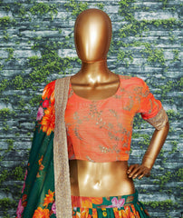 Sabyasachi Green-Orange Floral Digital Printed Organza Bridal Lehenga Choli