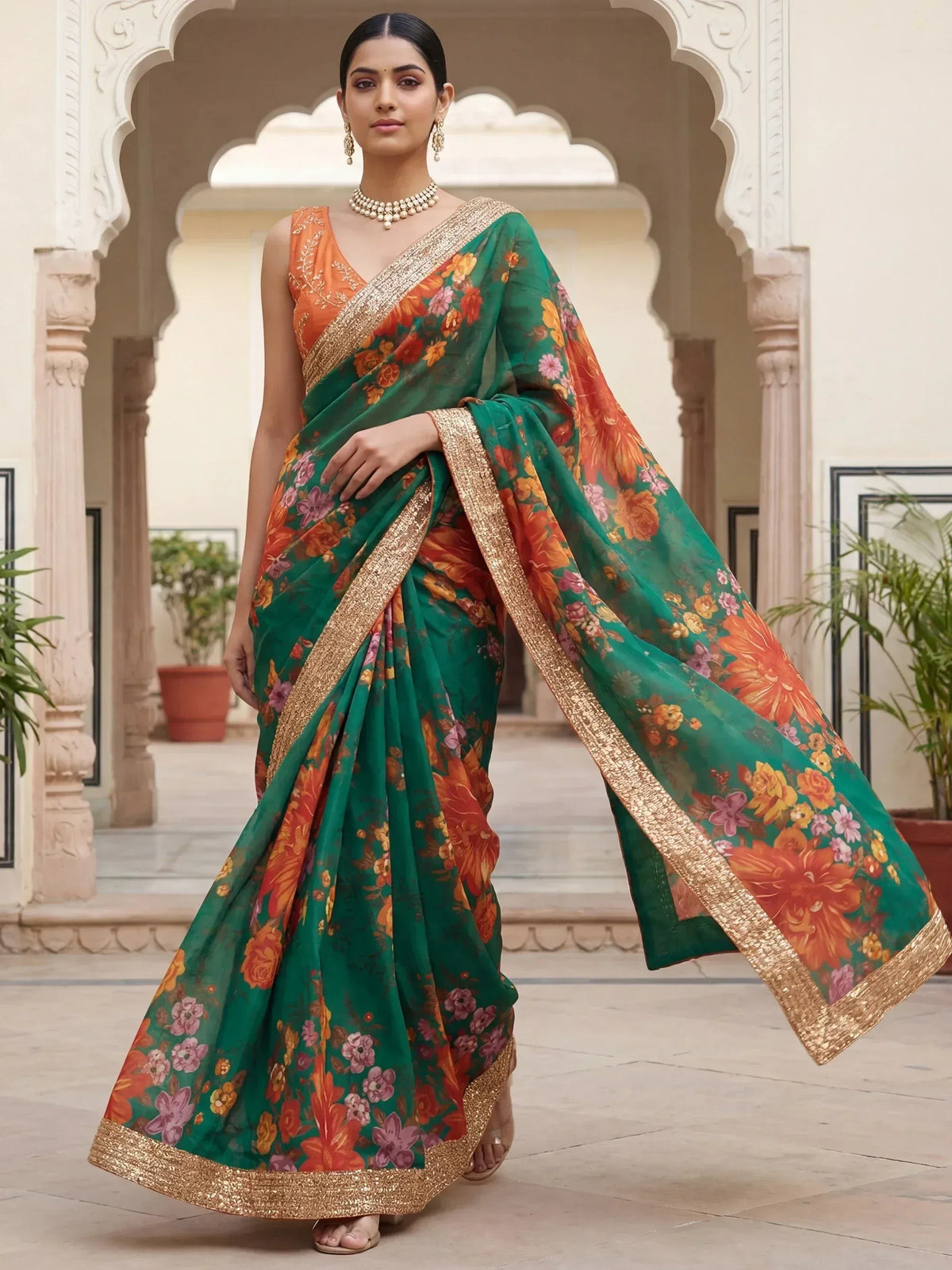 Green floral saree with gold border, Indian ethnic wear for women, designer saree with orange blouse