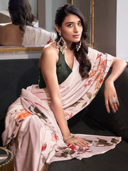 Beautiful Off-White Floral Printed Satin Traditional Saree With Blouse