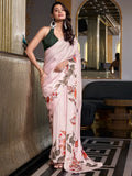 Beautiful Off-White Floral Printed Satin Traditional Saree With Blouse
