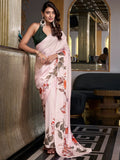 Beautiful Off-White Floral Printed Satin Traditional Saree With Blouse
