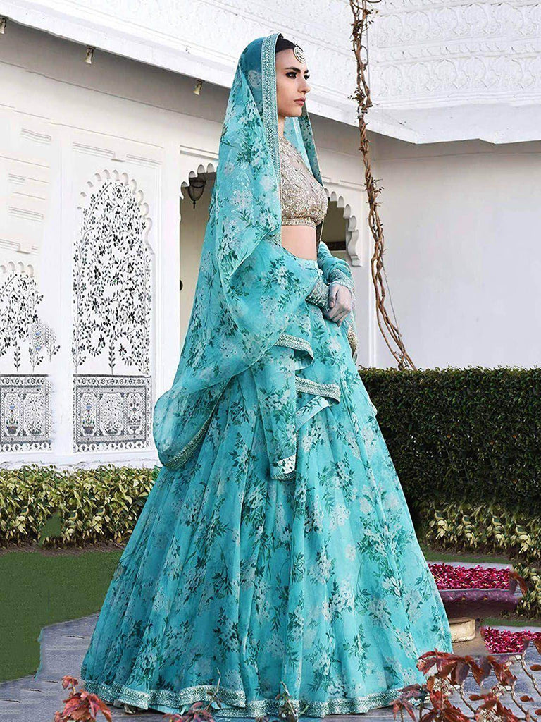 Sabyasachi Sky Blue Floral Organza Bridal Lehenga Choli