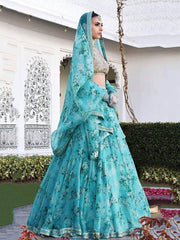 Sabyasachi Sky Blue Floral Organza Bridal Lehenga Choli
