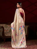 Sophisticated Cream Satin Floral Printed Wedding Wear Saree