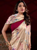 Sophisticated Cream Satin Floral Printed Wedding Wear Saree