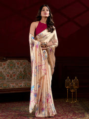 Sophisticated Cream Satin Floral Printed Wedding Wear Saree
