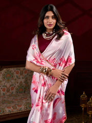 Timeless Light Pink Satin Pearl Work Party Wear Saree With Blouse
