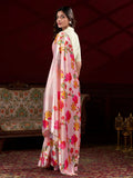 Amazing Peach Satin Floral Printed Event Wear Saree With Blouse