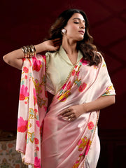 Amazing Peach Satin Floral Printed Event Wear Saree With Blouse