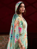 Regal Pista Green Floral Printed Satin Saree With Blouse