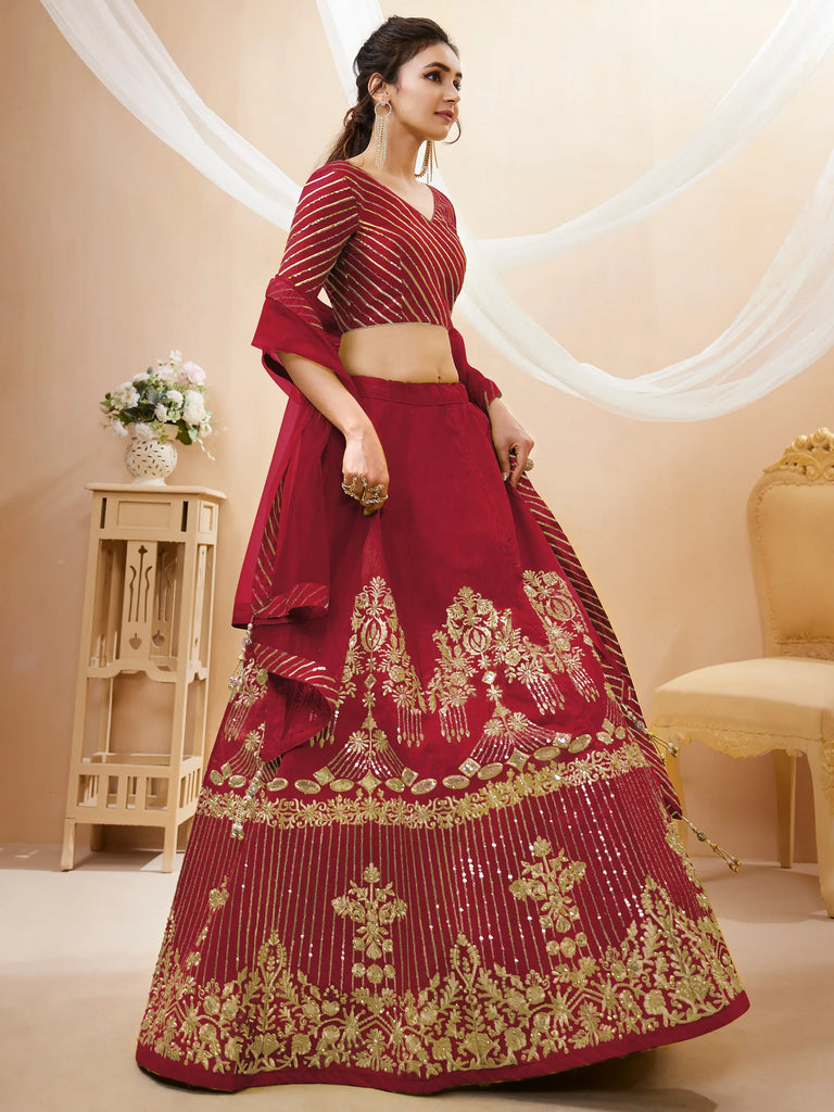 Fascinating Red Sequins Silk Wedding Lehenga Choli With Dupatta