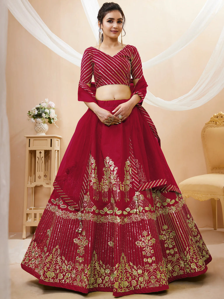 Fascinating Red Sequins Silk Wedding Lehenga Choli With Dupatta