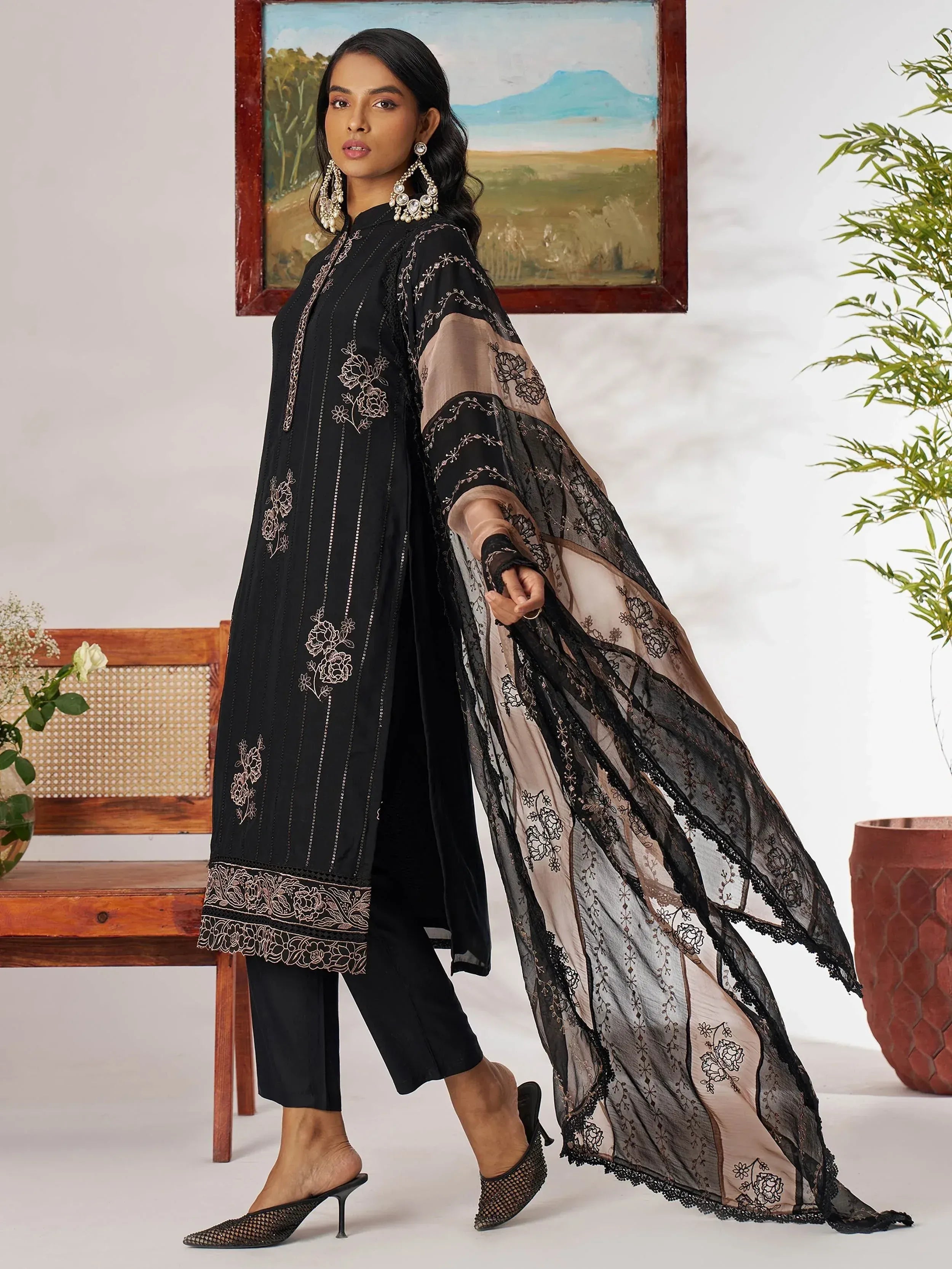 Black embroidered salwar kameez with sheer lace dupatta, ethnic wear for women